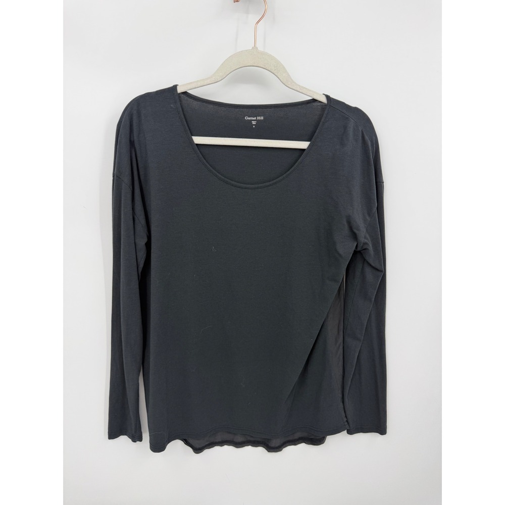 Garnet Hill Mixed Media Silk Back Top Womens Small Black Long Sleeve Scoop Neck